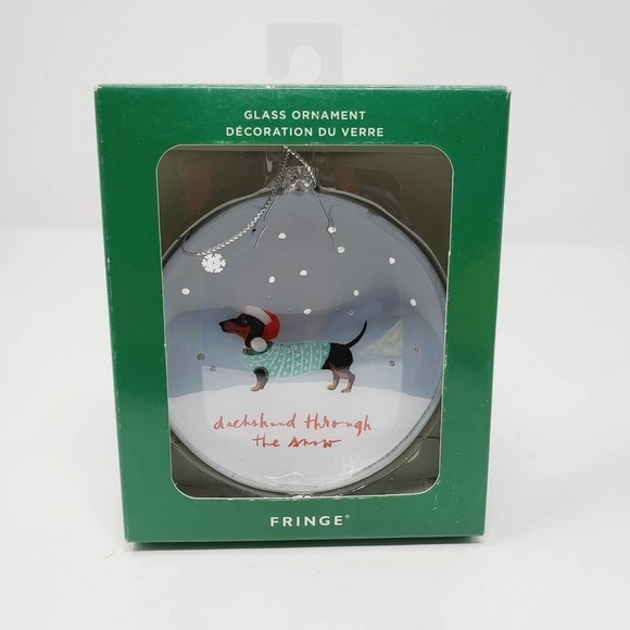 Fringe Dachshund Wearing Dog Santa Hat Glass Round Convex Christmas Ornament - Picture 3 of 4